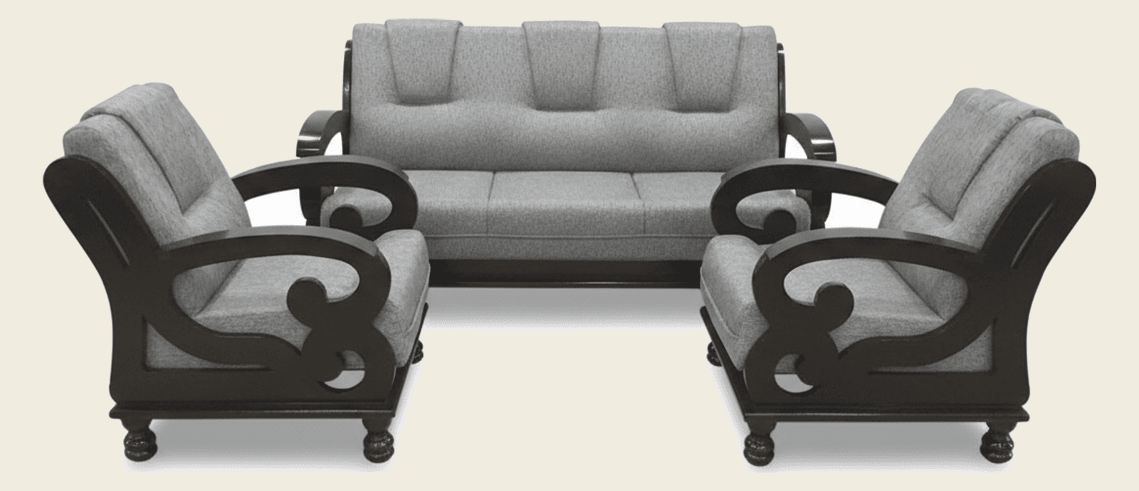Solid Wood 5-Seater Sofa Set with Decorative Scroll Arms