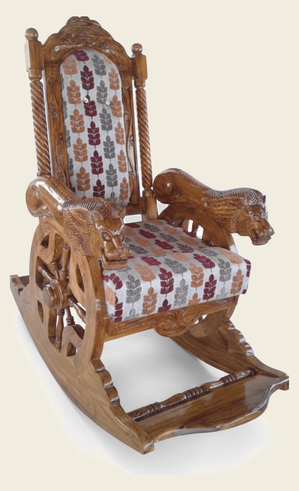 Handcrafted Solid Wood Rocking Chair with Carved Lion Armrests